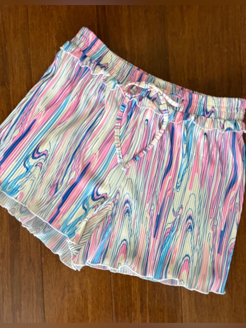 NFD Shorts Pastel Swirled Tyedye Plisse Accordion Pleated Pink & Blue SZ: M